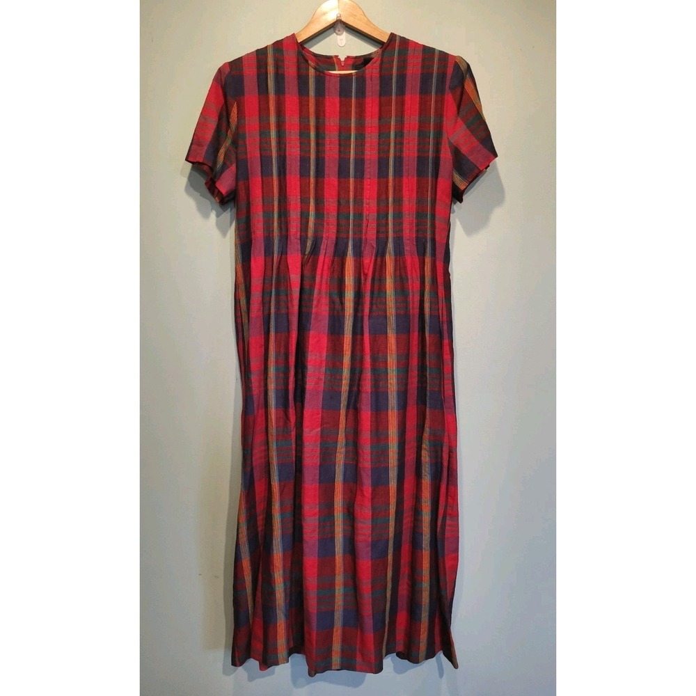 Vtg Red Plaid Linen Blend Modest Mature Maxi Dress Positive Attitudes Sz 12